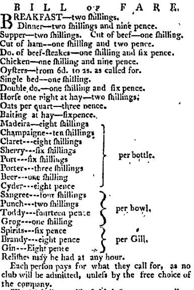 Bill of fare for Hall's Inn, 1786.