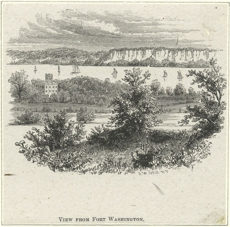 View over the Hudson River to the Hudson Palisades, seen in the nineteenth-century illustration.