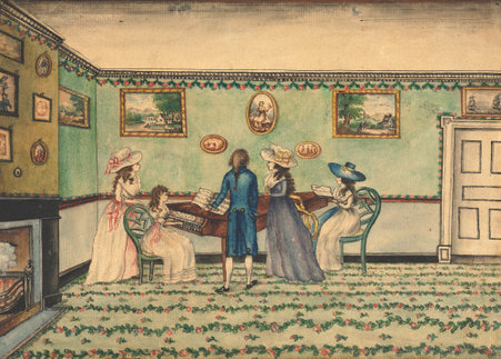 Watercolor by Benjamin Thompson of a harpsichord recital, painted in the 1790s.