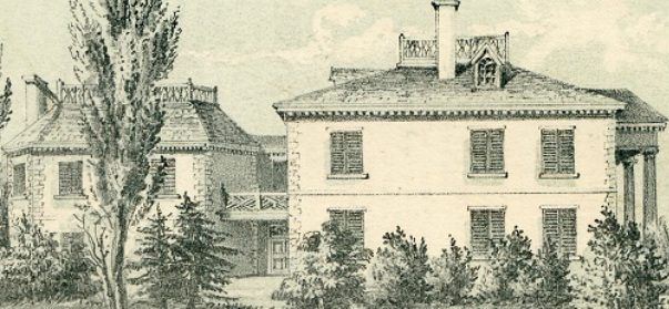 Detail of a lithograph of the exterior of the Morris-Jumel Mansion in 1854.  