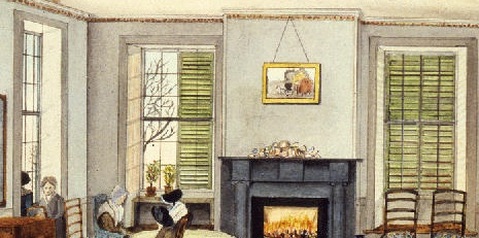 Detail of Joseph Shoemaker Russell's painting of the South Parlor of Abraham Russell, Esq., of New Bedford, Massachusetts, showing green venetian blinds seen from the interior of the room.