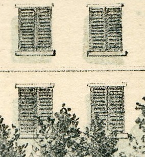 Close-up view of the windows of the Morris-Jumel Mansion as seen in the 1854 lithograph.