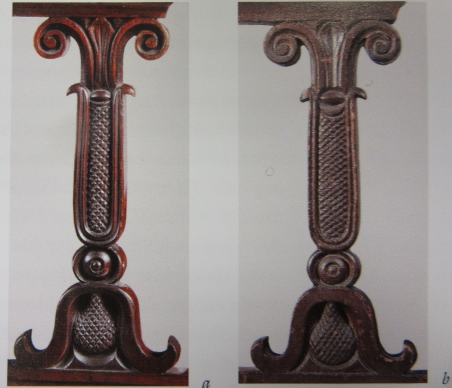 Details of arm supports from two armchairs, circa 1819-20.