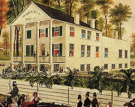 Detail of Oakland House and Race Course, a painting by Robert Brammer and Augustus A. Von Smith, which features green venetian blinds on the exterior of a white building.