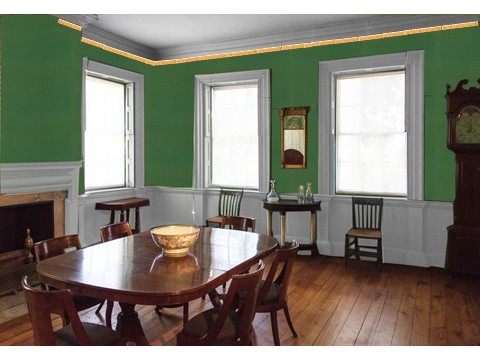Dining room at the Morris-Jumel Mansion, shown with a mockup of wallpaper like that that might have hung in the room in the late-eighteenth century.