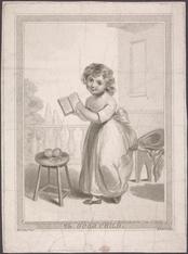 Engraving of a child holding a book.