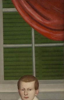 Detail of Erastus Salisbury Field's painting of Joseph Moore and His Family, ca. 1839, showing a venetian blind seen through a window.