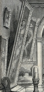 Detail of a 19th-century engraving showing paintings hanging in the hallway of the Morris-Jumel Mansion.