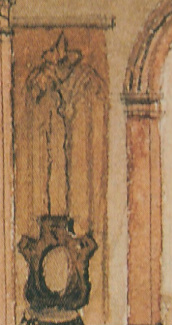 Detail of a postcard of the hallway of the Morris-Jumel Mansion, showing a window blind painted with a Gothic window.