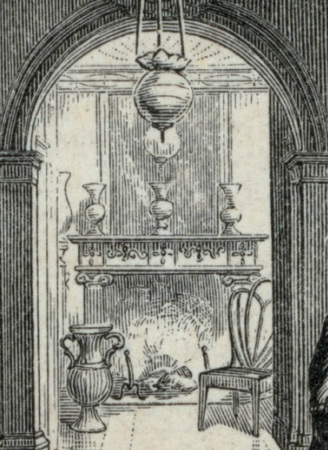 Detail of an engraving, showing a fireplace and mirror in the octagon room of the Morris-Jumel Mansion.