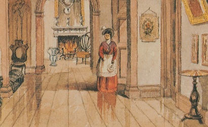 Detail of a watercolor of the interior of the Morris-Jumel Mansion in the 19th-century.